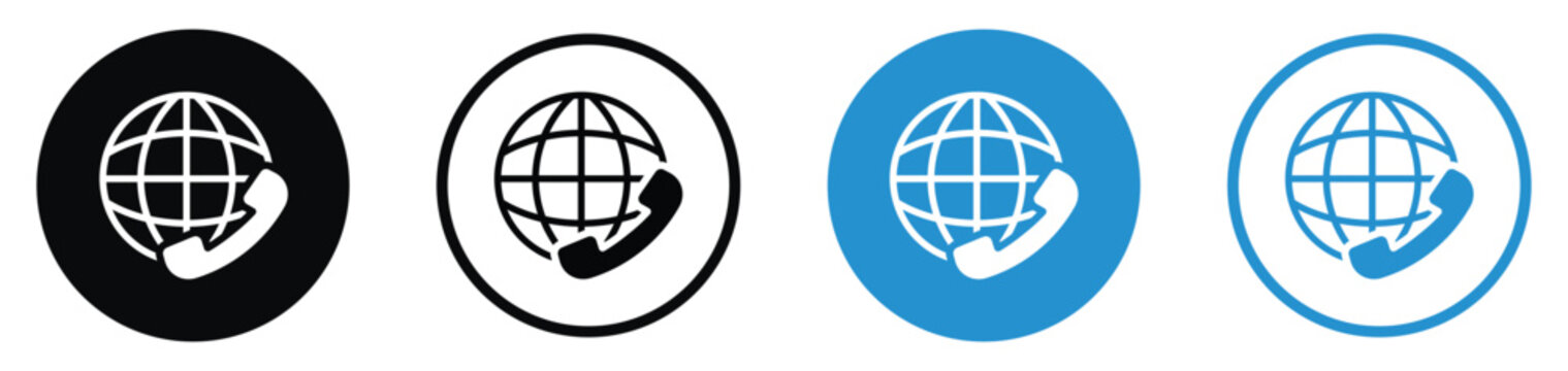 Global support icon set with telephone handset and globe grid, vector symbols for international customer service hotline.
