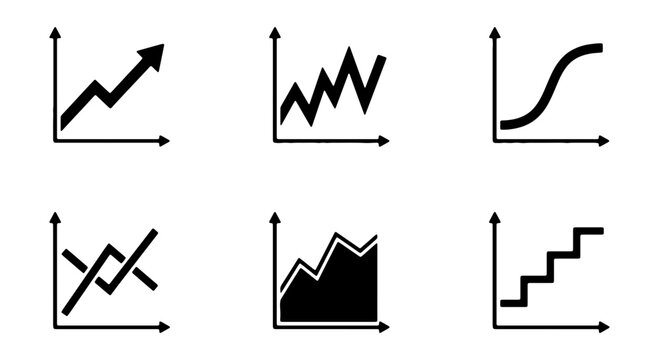 Business growth chart vector icons, financial data visualization graphics, statistical analysis symbols, progress and trend indicators for presentations and reports
