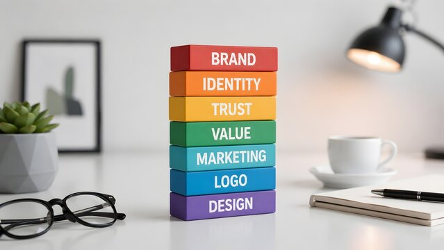 Brand identity and marketing strategy concept shown by stacked wooden blocks featuring corporate values like trust and design.