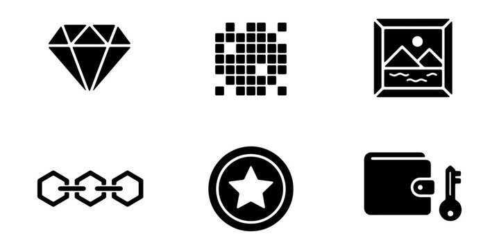 Minimalist Black Glyph Icons, a versatile vector collection for digital interfaces and web design. Featuring symbols for diamond, pixel art, landscape, blockchain, star