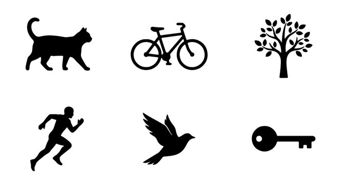 Essential black silhouette icon set, diverse vector collection for web and print, featuring cat, bicycle, tree, runner, bird, and key symbols, minimal graphic design elements