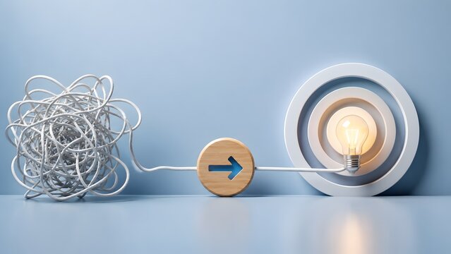 Creative problem solving and idea targeting concept showing a tangled wire simplifying through an arrow block towards a glowing lightbulb inside a bullseye.