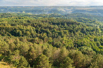 Fototapeta premium Layers of green mountains and hills in the haze during sunset. Panoramic View of Green hills and Meadow.
