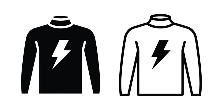 Electric sweater icon set, black and white pullover symbols with lightning bolt for energy, power apparel branding and clothing graphics.