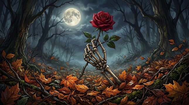 Skeleton hand holding red rose in autumn forest under full moon