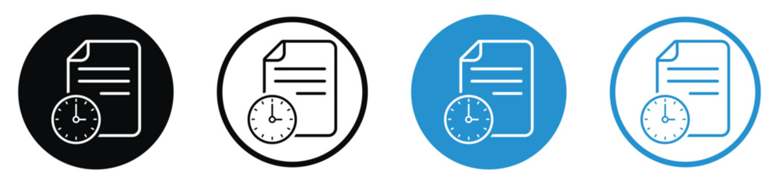 Time management document icon set with a clock and sheet of paper, symbol for history, deadline, or pending task log.