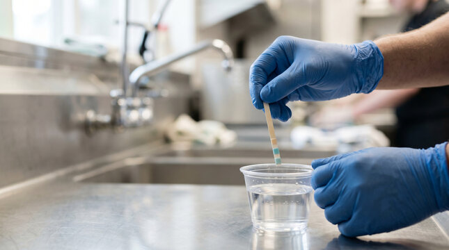 Gloved hands test liquid in clear plastic cup