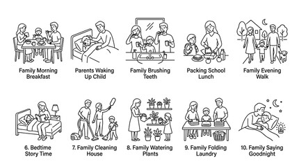 Obraz premium Minimal Family Daily Routine Outline Icon Set Vector Illustration with Monoline Home Activities and Parenting Symbols in Clean Linear Style