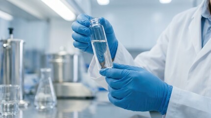Fototapeta premium Close up of a researcher in a lab coat and blue gloves holding a small glass vial with clear liquid