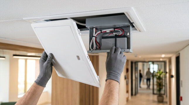Hands remove ceiling vent cover, exposing wiring and housing