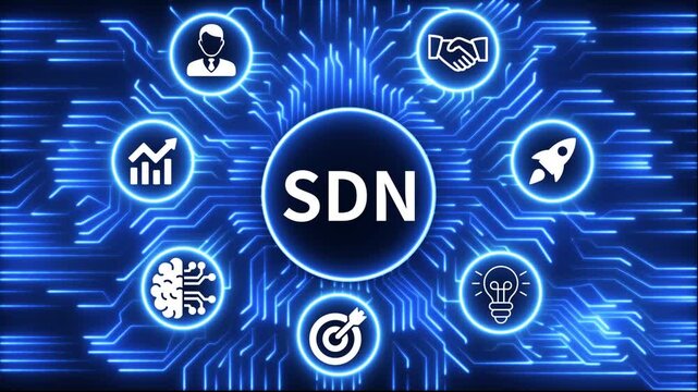 SDN icon surrounded by smaller icons for ai manufacturing strategy. A glowing neon, and manufacturing process management all connected in a digital circuit like pattern, 4k video 