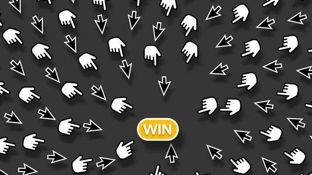 Widescreen 2D Animation of Computer Cursors Following Win Text Sign Loop Online Gambling Betting and Digital Casino Concept
