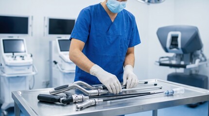 Naklejka premium Surgeon in blue scrubs and sterile gloves organizing advanced laparoscopic instruments on a stainless steel table