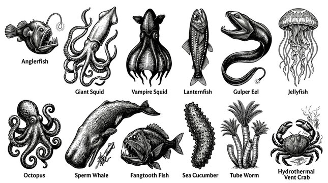 Vintage Black & White Deep Sea Creatures Illustrations &ndash; Ocean Life Sketch Style Art