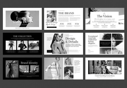 Layout for Luxury Brand Pitch Deck in Black and White