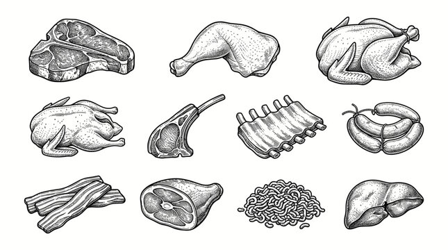 Vintage Butcher Meat Icon Set Vector Illustration with Hand Drawn Premium Protein Collection in Classic Engraving Style