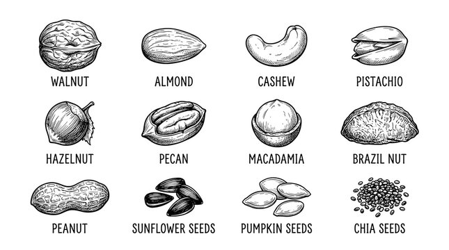 Set of Organic Nuts and Seeds, Detailed Engraved Style Vector Icons of Healthy Snacks, Plant-Based Ingredients, and Superfoods for Dietary and Culinary Designs.