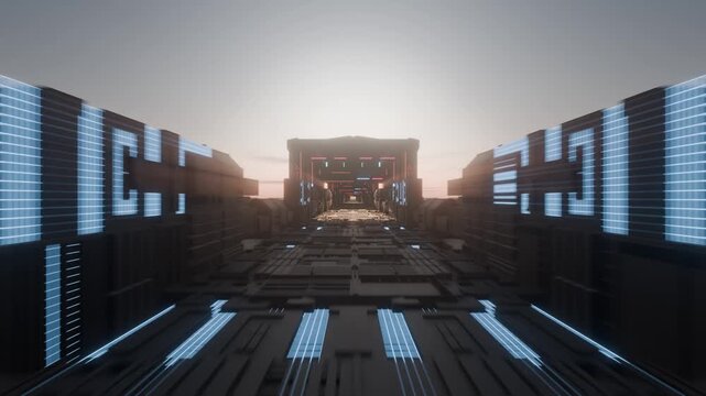 Endless futuristic cyberpunk cityscape footage. Seamless looping forward motion through a vast symmetrical futuristic plaza or highway flanked by massive glowing rectangular structures Dramatic  