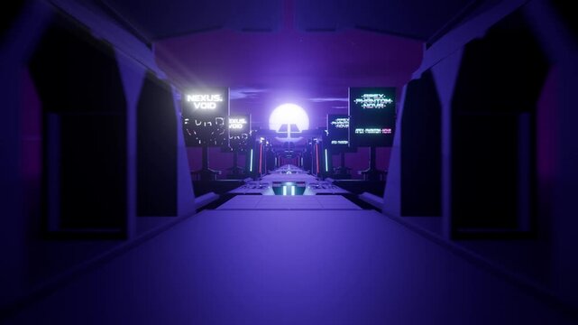 Endless futuristic purple neon tunnel footage. Seamless looping forward camera movement through a symmetrical cyberpunk corridor with dramatic purple and magenta lighting