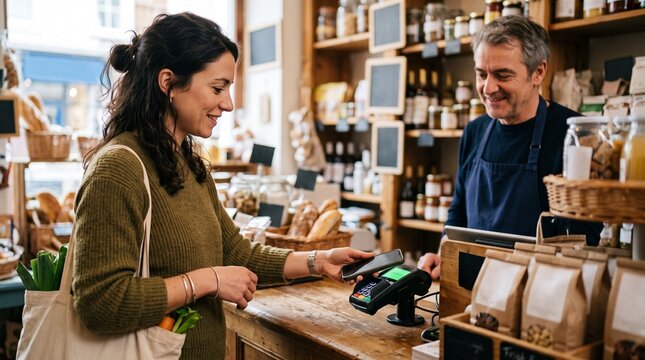 Woman paying with smartphone at checkout counter in a small grocery store