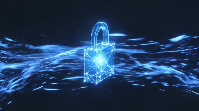 Abstract glowing digital padlock with moving data streams cyber security