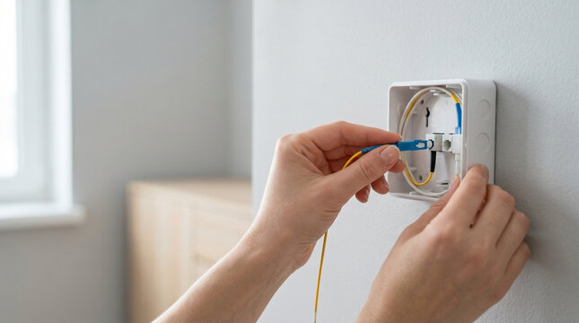 Hands install fiber optic cable into wall outlet