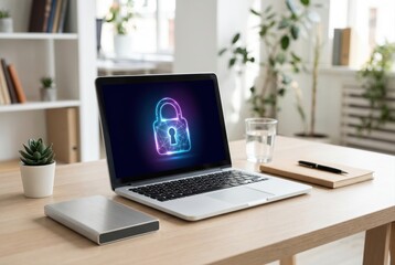 Fototapeta premium Laptop computer on a wooden desk displaying a glowing neon padlock hologram representing cybersecurity