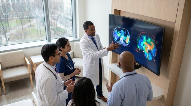 Diverse medical team of doctors standing together looking at glowing brain and torso scans on a wall mounted monitor