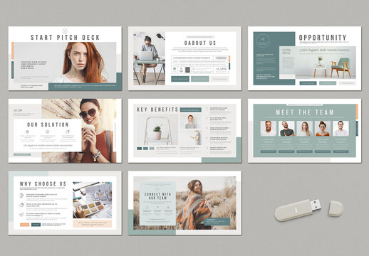 Pitch Deck Layout with Geometic Design in Light Green and White with Peach Accents