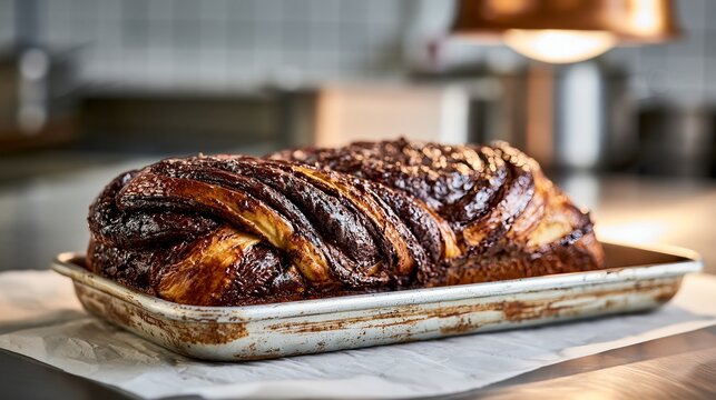 Chocolate babka waits on paper in a metal dish within the kitchen.