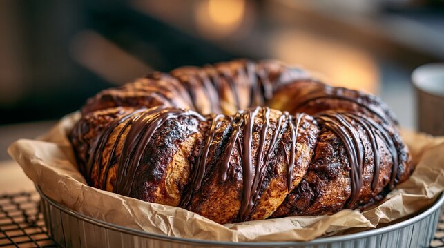 Chocolate babka waits on paper in a metal dish within the kitchen.