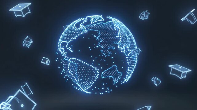 Abstract glowing rotating globe with education icons in dark space
