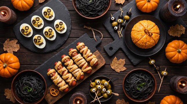 A festive spread of Halloween-themed food, including mummy hot dogs, deviled eggs, black pasta, and mini pumpkins, arranged on a wooden table