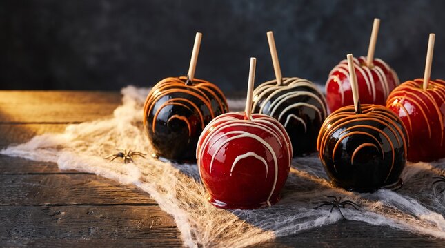 A delightful assortment of six candy apples in various colors, drizzled with contrasting icing, arranged on a rustic wooden surface covered with cobweb-like fabric