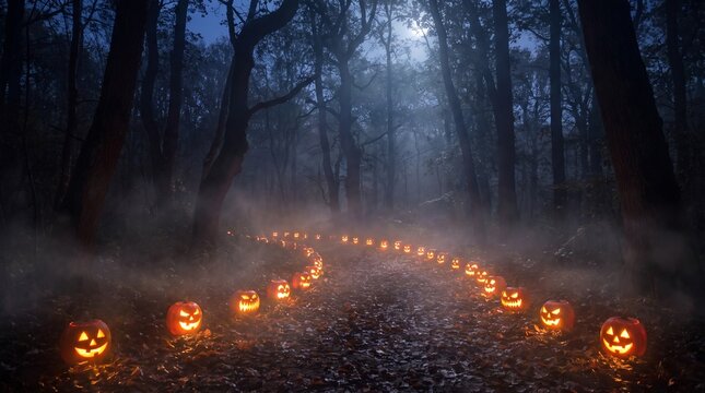 A spooky forest path lined with carved pumpkins, illuminated by their own glow, under a full moon. Fog drifts through the trees, creating an eerie atmosphere for Halloween