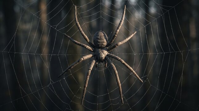 A spider with eight legs sits in the center of its web, with a blurred background of forest and trees
