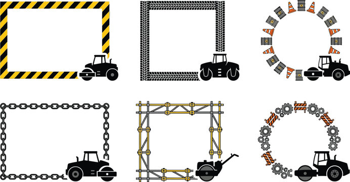 Set of construction road roller frames and borders with industrial machinery and warning signs