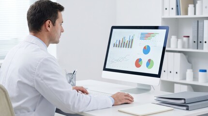 Fototapeta premium Male doctor in a white coat analyzing medical statistics and charts on a computer monitor in an office