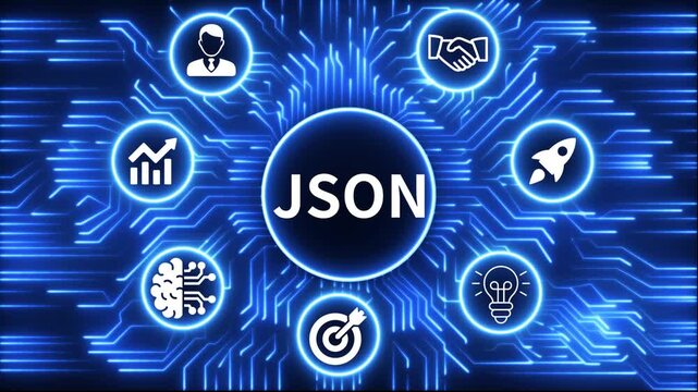 JSON icon surrounded by smaller icons for ai manufacturing strategy. A glowing neon, and manufacturing process management all connected in a digital circuit like pattern, 4k video 