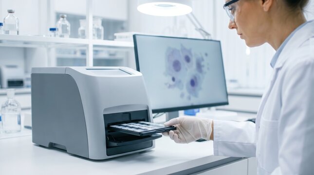Female laboratory technician loading sample slides into an automated digital scanning machine