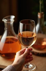 Naklejka premium Person holds glass of white or rose wine. Decanter and bottle with beverage in background. Wine tasting event or celebration at home, restaurant bar.