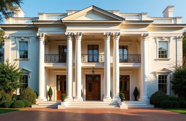 Obraz premium Grand neoclassical mansion exterior front view. Large white marble columns support portico with balconies. Elegant wood doors, manicured gardens, sunny clear sky. Luxury residence facade.