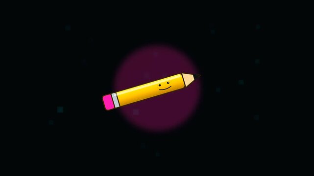 Animated yellow pencil character performing writing motions in a loop suitable for back to school themes or as a visual aid for adult upskilling tutorials