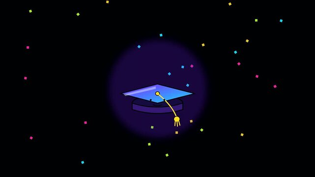 Minimalist mortarboard icons floating amid vibrant digital confetti represent back to school themes alongside professional adult upskilling growth in a modern creative graphic motion design