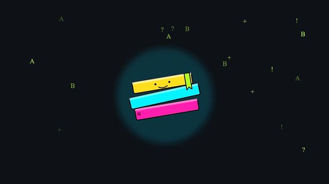 Minimalist stack of colorful cartoon books floating in dark void representing back to school learning sessions and adult upskilling for academic growth and digital knowledge