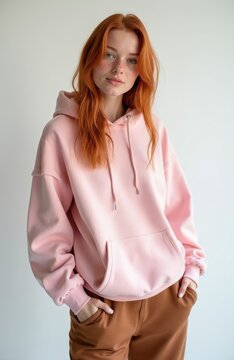 Redhead woman wears cozy pink hoodie paired with brown pants. Attractive model poses in studio against plain background. Casual style portrait shows youthful beauty, relaxed vibe.