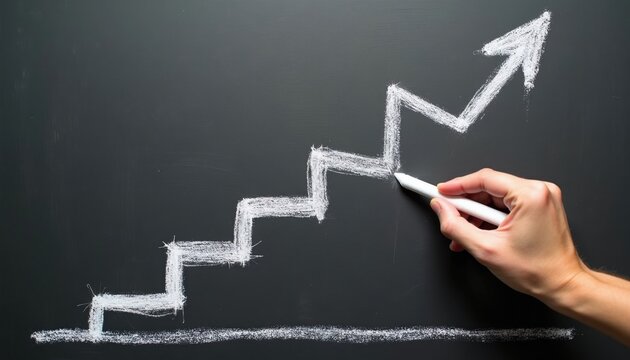 Hand draws chalk graph with rising arrow on blackboard. Shows upward trend staircase for business growth and progress. Represents development planning and success.