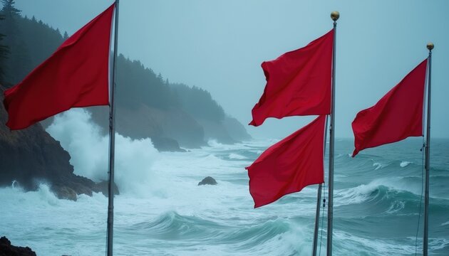 Red warning flags fly on poles above rough ocean waves crashing onto rocky coastline. Stormy weather signals danger at sea. Misty fog covers forest hills beyond.
