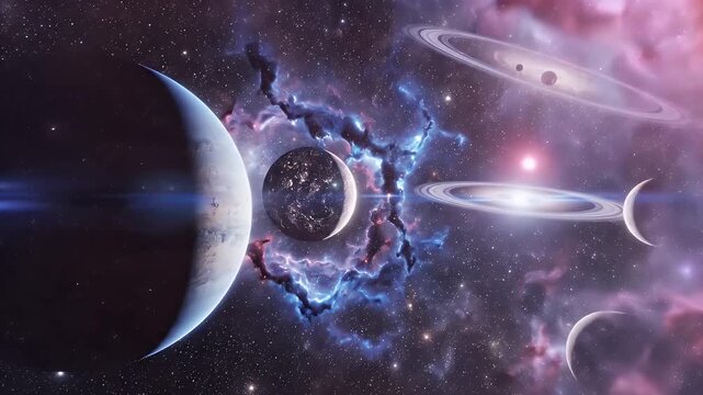 Vibrant Purple Galactic Nebula Scene Featuring Ringed Objects and Cosmic Arcs