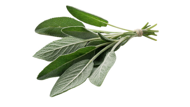 Fresh organic green sage herb leaves branch isolated on a transparent background